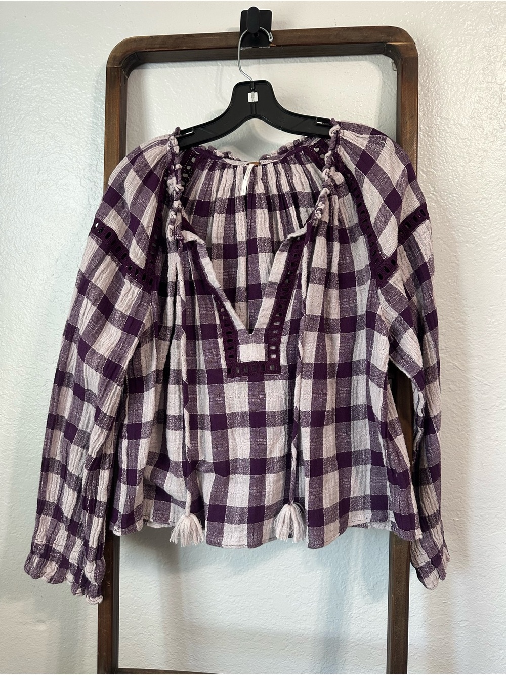 Free People Purple and Cream Checked Peasant Blouse